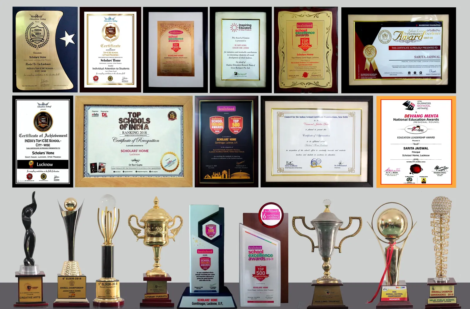 Certificates and trophies won by Scholars' Home, Lucknow — Education Today, Brainfeed Top 500, CISCE and inter-school championships