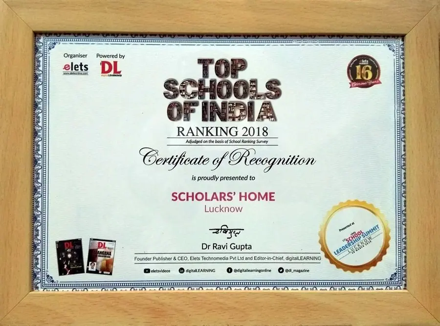 Top Schools of India — Ranking 2018, certificate of recognition